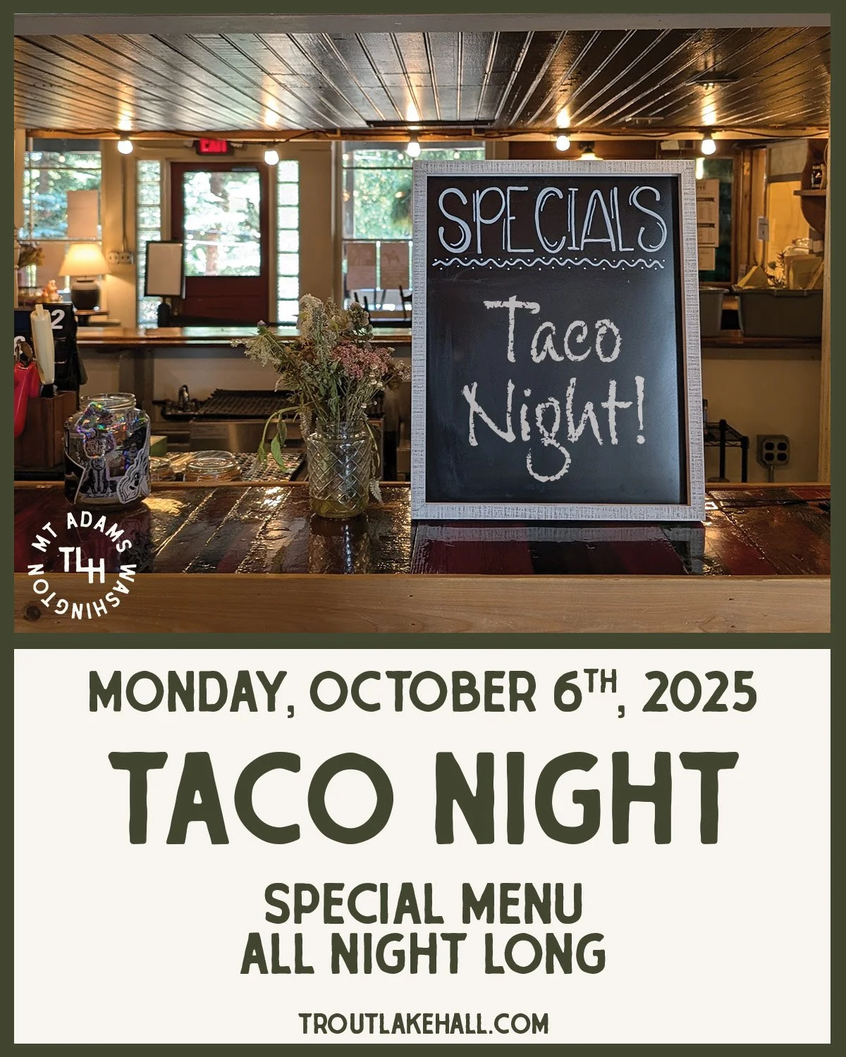 Mon, Oct 6 — Taco Night 🌮
Start the week with tacos at the Hall — easy hang, tasty plates, friends welcome.
4pm–Late
#TroutLakeHall #TacoNight #TroutLakeWA #GorgeEats #WeeknightPlans #CommunityVibes