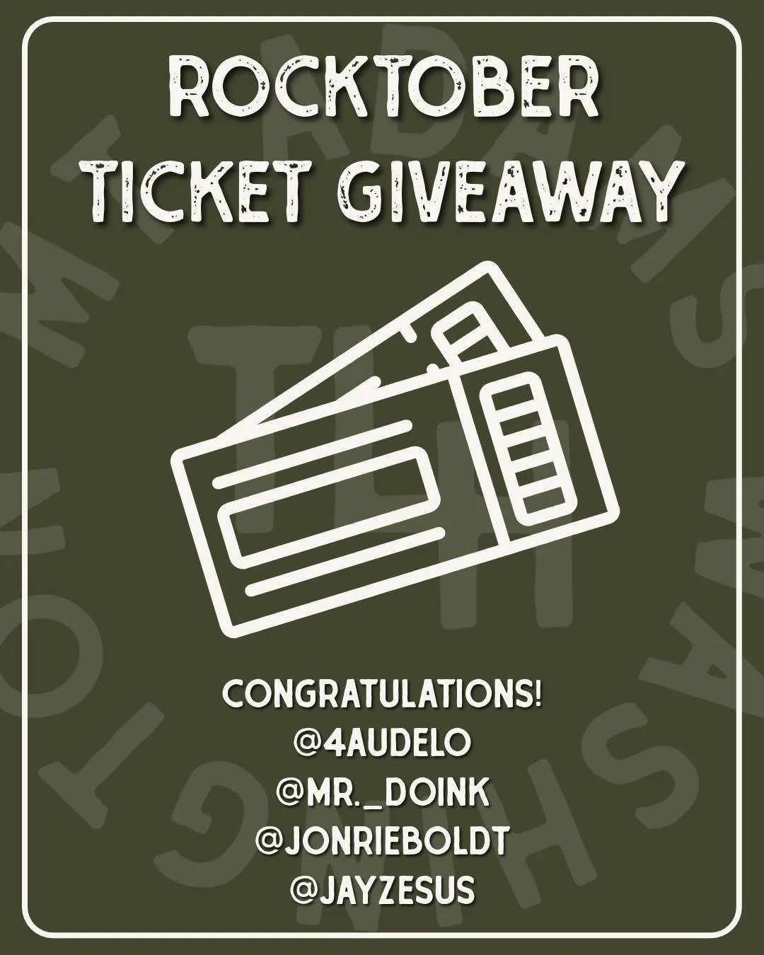 🎉 Congratulations to our ROCKtober Giveaway Winners! 🎉
Each of these lucky folks won a pair of tickets to the show of their choice this October at Trout Lake Hall!
@4audelo
@mr._doink
@jonrieboldt
@jayzesus
Send us a message to reserve your tick