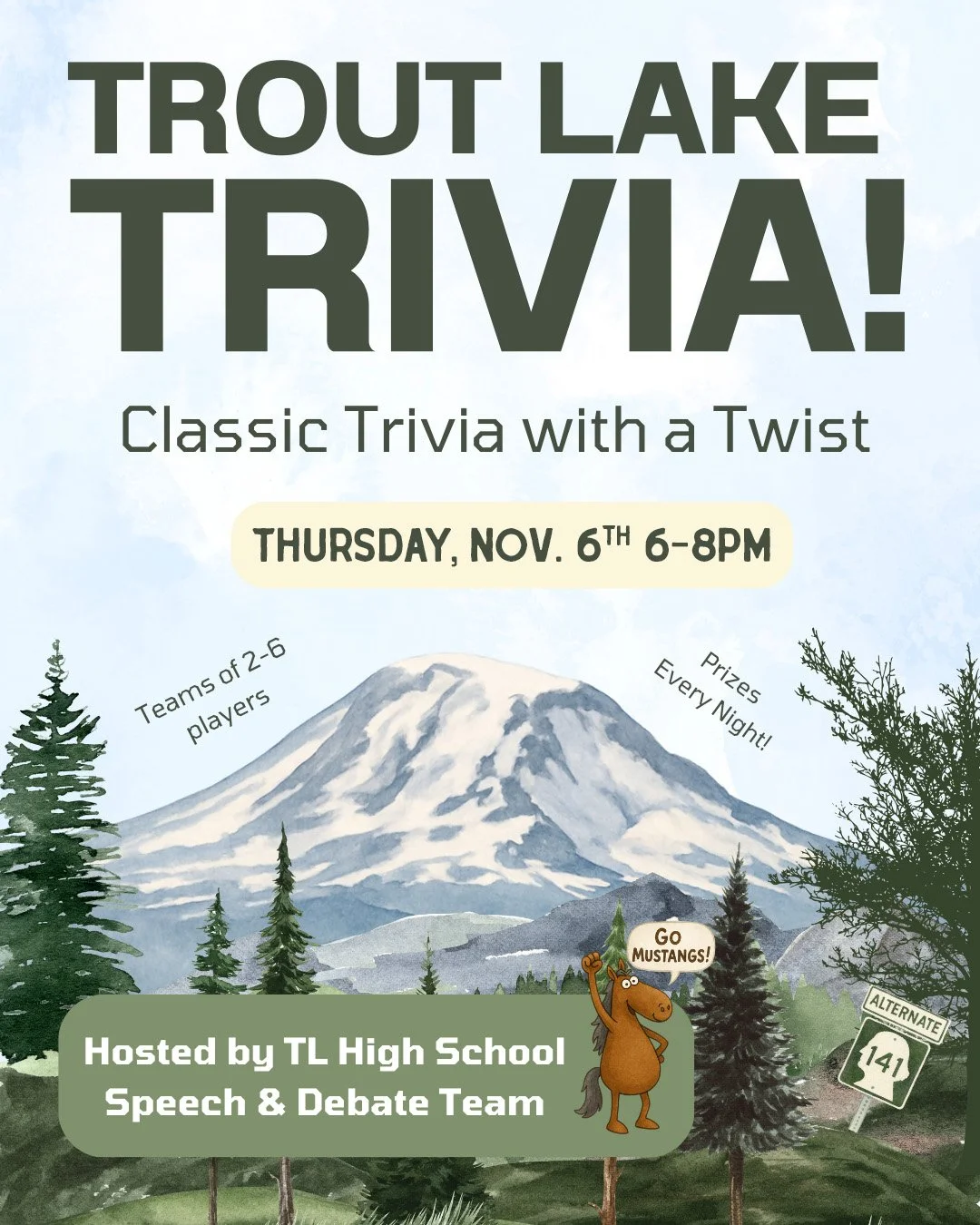 🧠 Trout Lake Trivia Night! 🎤
Thursday, November 6 · 6–8pm
All Ages · Donations Welcome
Get ready for classic trivia with a Trout Lake twist! Join us for an evening of brain-teasing fun hosted by the Trout Lake High School Speec