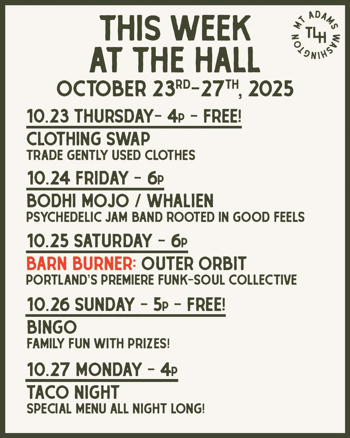 This Week at The Hall! October 23–27, 2025
Thursday, October 23 – FREE! Clothing Swap
4pm · Ages 16+ · Free
Trade gently used clothes, refresh your wardrobe, and find last-minute costumes! Drop-off begins at 2pm, swapping s