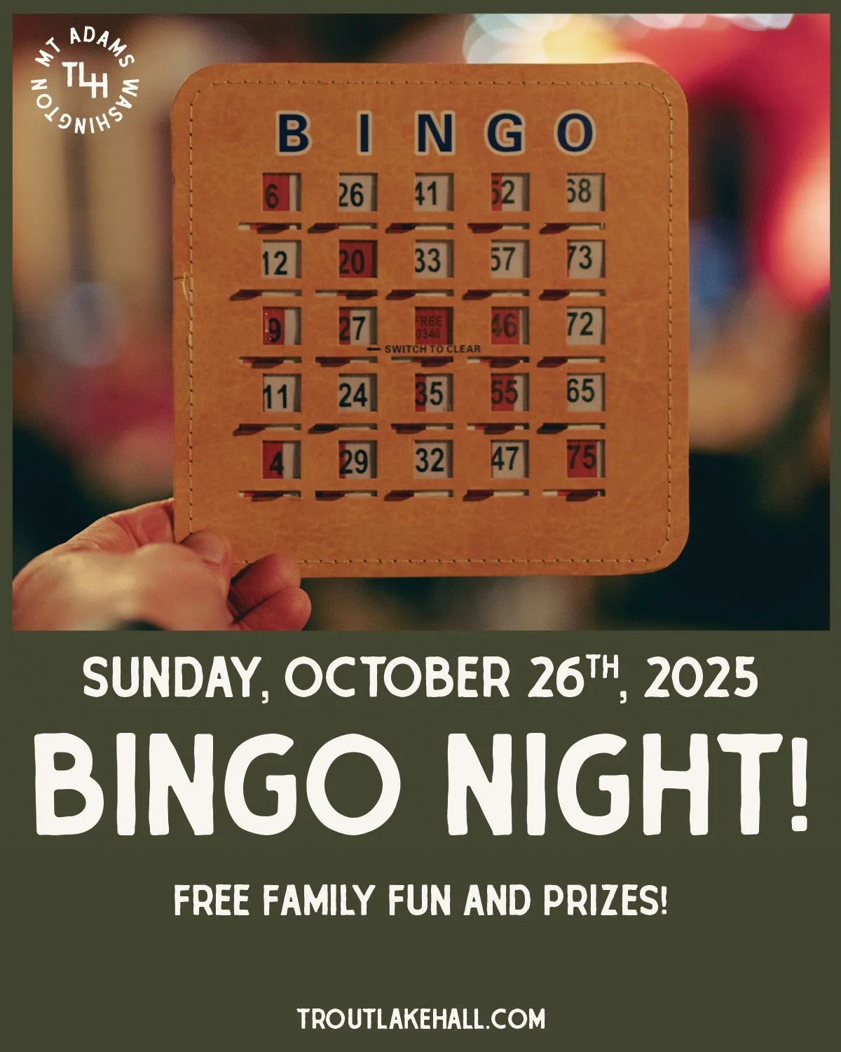 🎉 FREE! BINGO Night at The Hall! 🎉
Sunday, October 26 · 5–7pm · All Ages
Join us for an evening of laughter, luck, and lighthearted competition hosted by caller Colin Dailey!
🎲 Round 1 (5–6pm)
Classic straight-line BING