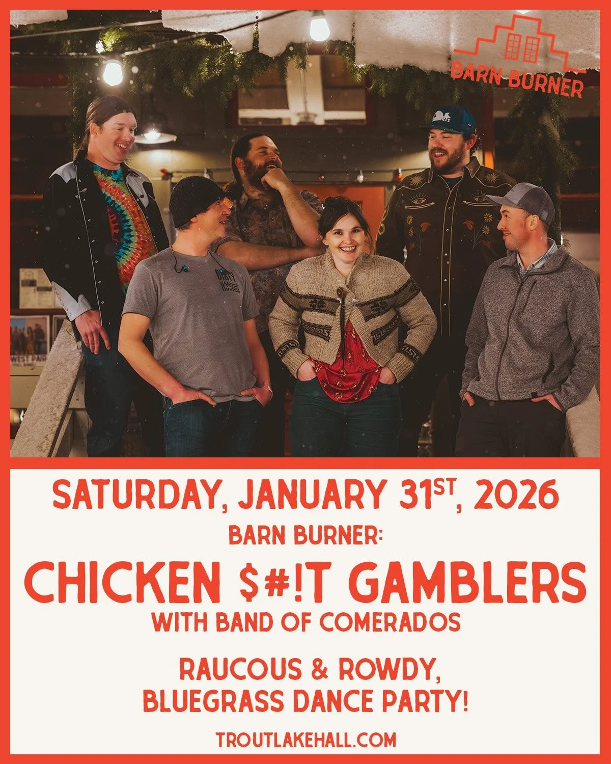 ✨ ON SALE NOW! ✨
BARN BURNER: Chicken $#!T Gamblers / Band of Comerados
Raucous, rowdy, Gorge-favorite bluegrass DANCE PARTY!
📅 Saturday, January 31st, 2026
⏰ 6pm Doors / 7pm Show &middot; 21+
💵 $17 Advance // $25 Day Of Show

Our first Barn Burner