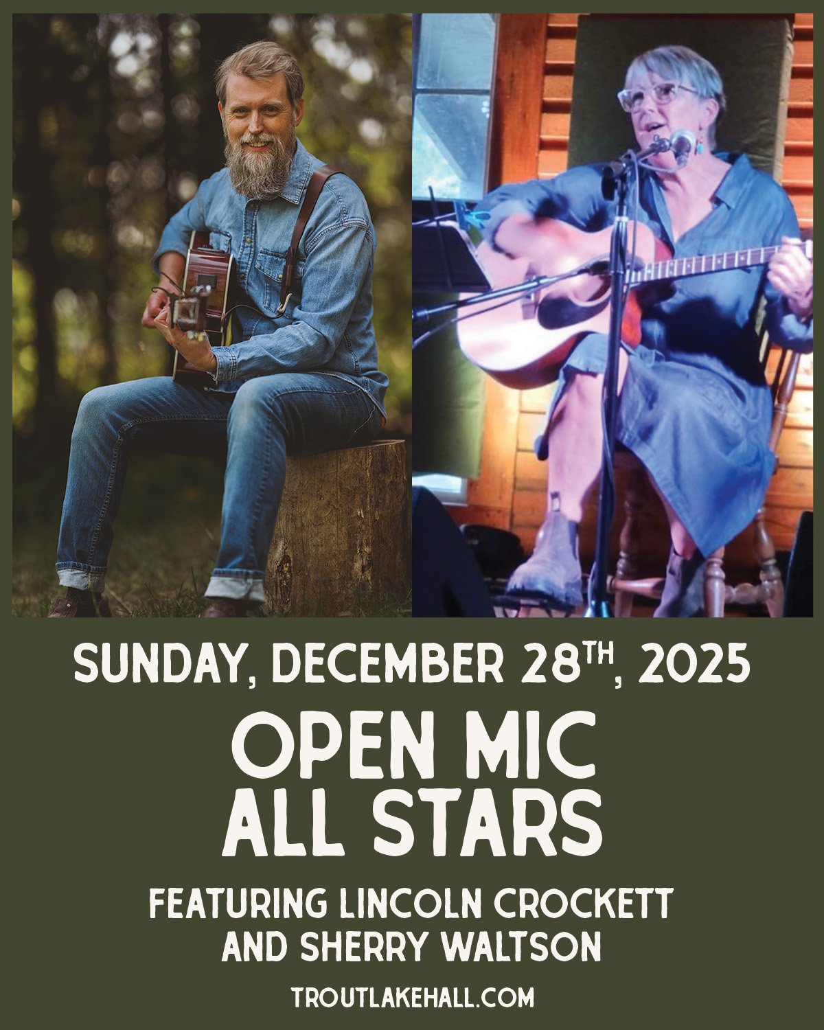 Open Mic All Stars ft. Sherry Waltson &amp; Lincoln Crockett
📅 Sunday, Dec 28
⏰ 4:30pm Doors / 5:30pm Show
FREE &middot; All Ages

We&rsquo;re celebrating three amazing years of Open Mic at the Hall with a special end-of-year showcase! Join us for a