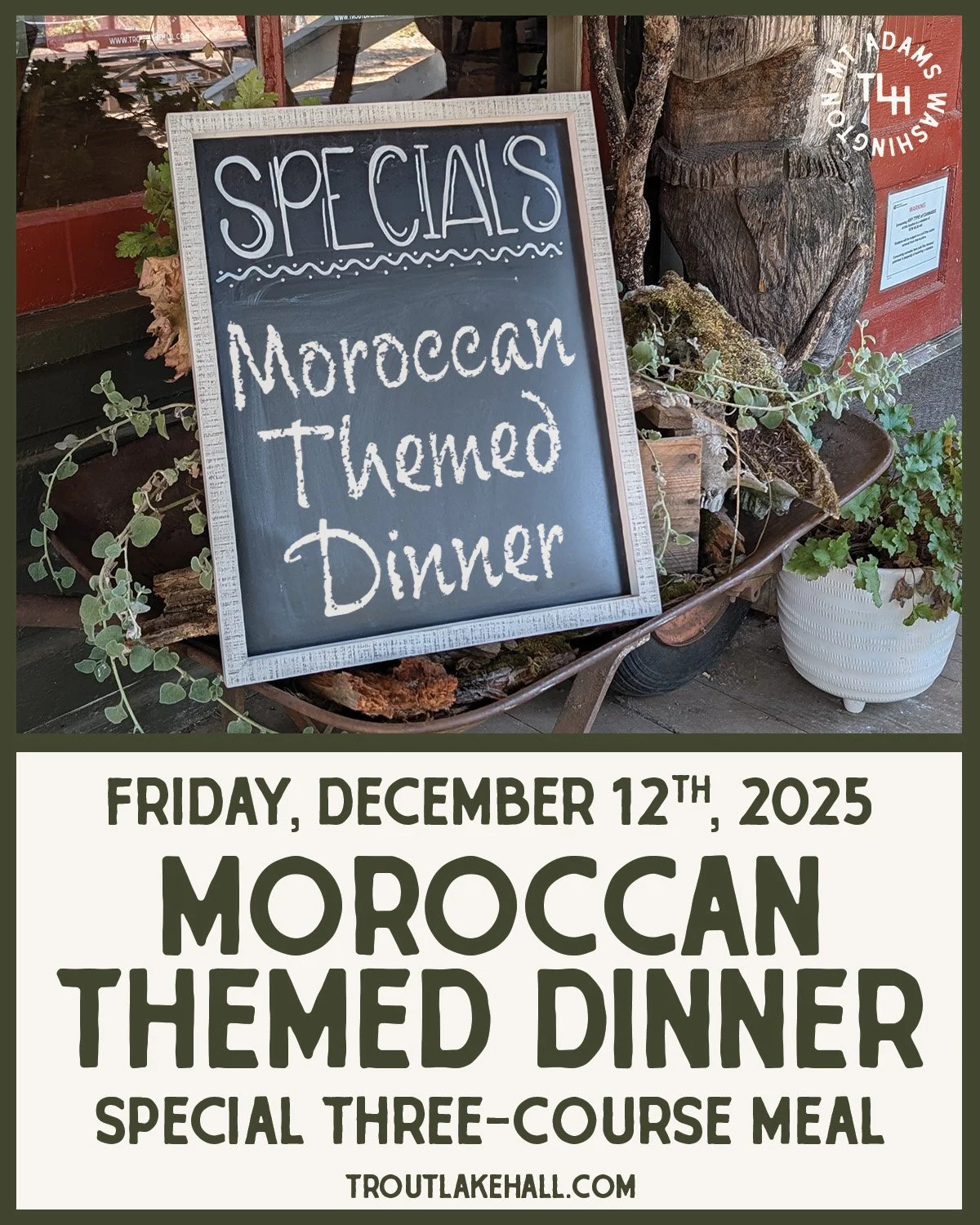 SPECIAL MOROCCAN DINNER
Friday, December 12th, 2025
Pre-fixe &middot; $45 per person
Reservations recommended!

Join us for a one-night-only culinary experience as Post Office Coffee teams up with TLH Chef Jessica Kunze for a beautifully crafted thre
