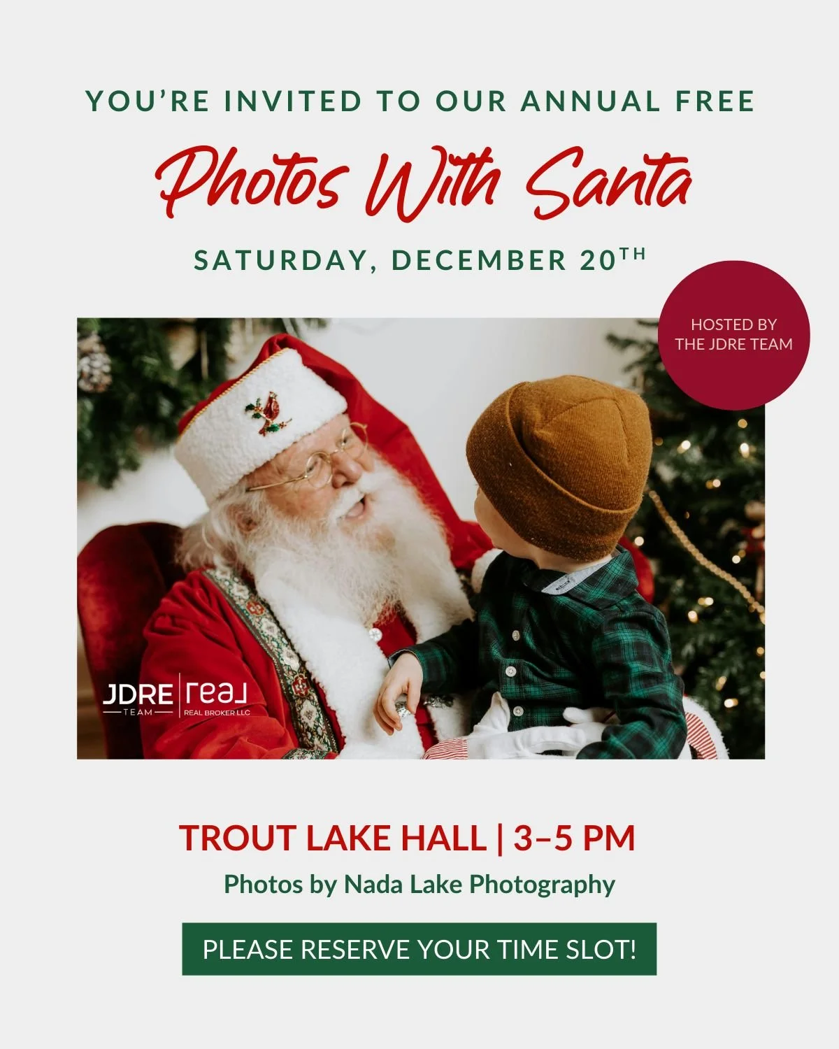 This Saturday at Trout Lake Hall
Two free community events for all ages

FREE Photos with Santa
3 to 5pm
The @jdreteam is bringing the holiday cheer with complimentary photos with Santa, cookies, and hot cocoa. Photos will be taken by LeRisa Thompson