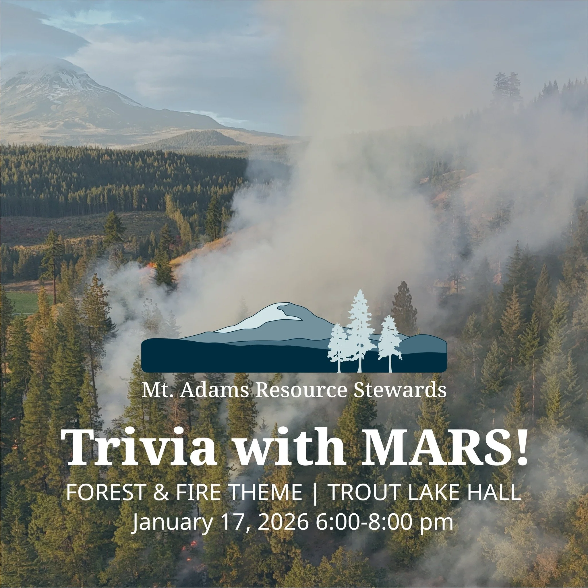 FREE! -  Trivia with MARS
Forest themed trivia night

📅 Saturday, January 17, 2026
⏰ 6pm to 8pm
All Ages
FREE

Join us for a fun and low-pressure trivia night hosted by Mt. Adams Resource Stewards. Test your knowledge of forests, fire, local lore, a