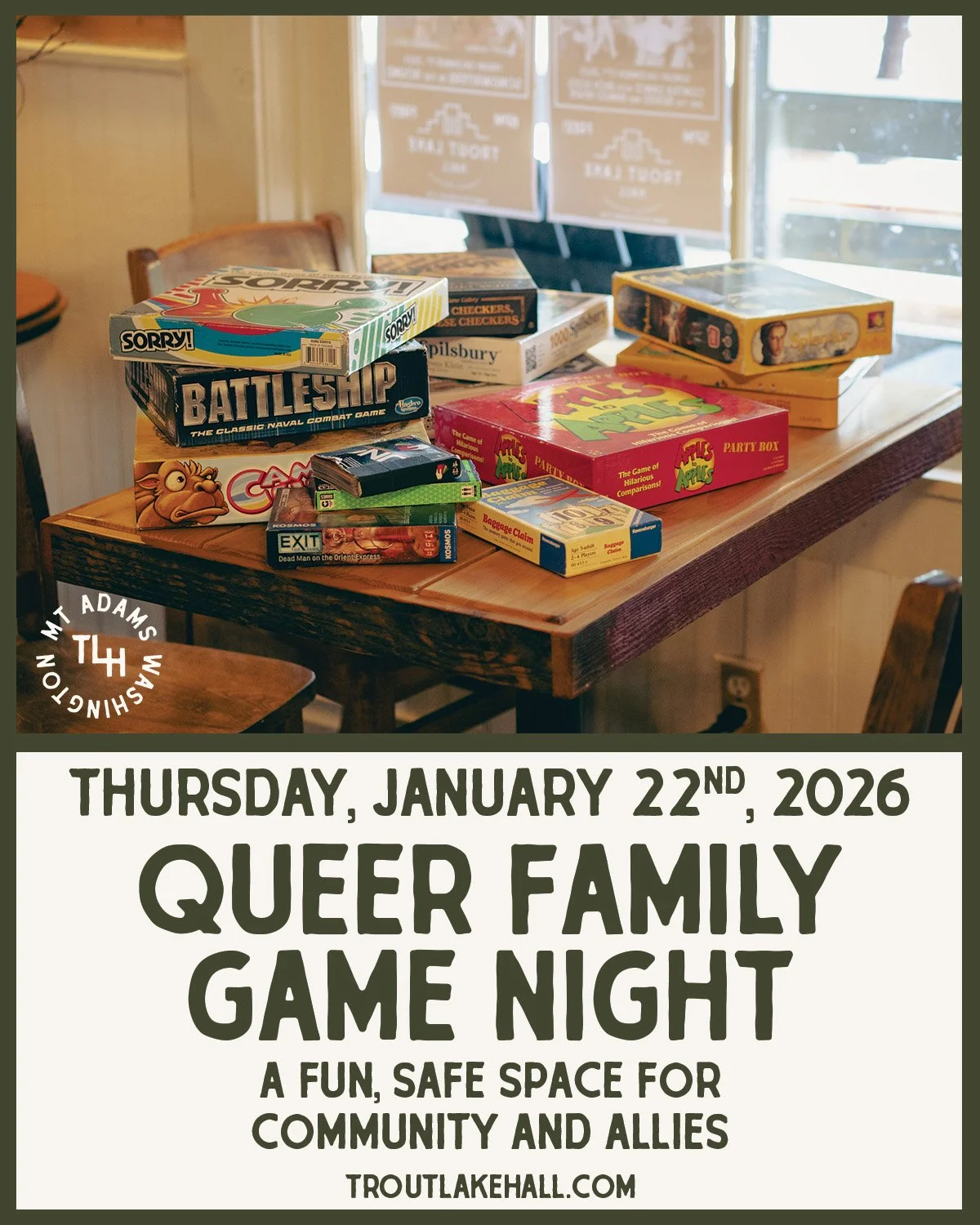 FREE! Queer Family Game Night - Thursday, January 22, 2026
5:30pm
All Ages

A fun, welcoming space for community and allies. Bring games or play house games, Mario Kart on the big screen, or just hang out. Large and small group games encouraged. Tave