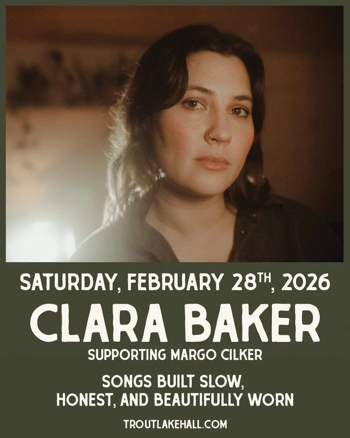 Just announced: Clara Baker joins the night!

This intimate evening just got even richer. We are thrilled to welcome Clara Baker to the stage alongside Margo Cilker for a deeply special night of songs, sound, and connection.

Clara brings a rare blen