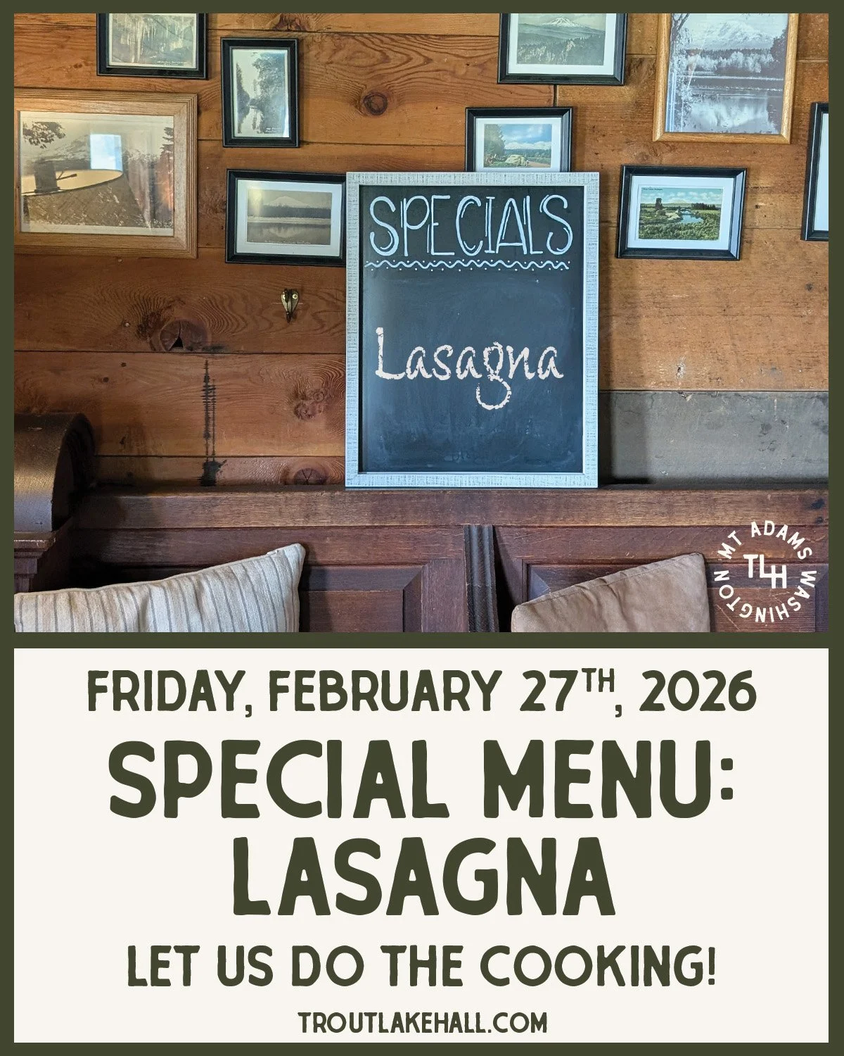 Special Menu: Lasagna Night

Friday, February 27th, 2026

We&rsquo;re layering it up.

Chef Jessica Kunze of Post Office Coffee and Trout Lake Hall is serving a classic red sauce lasagna made with Little 7 Ranch ground beef, paired with a fresh green