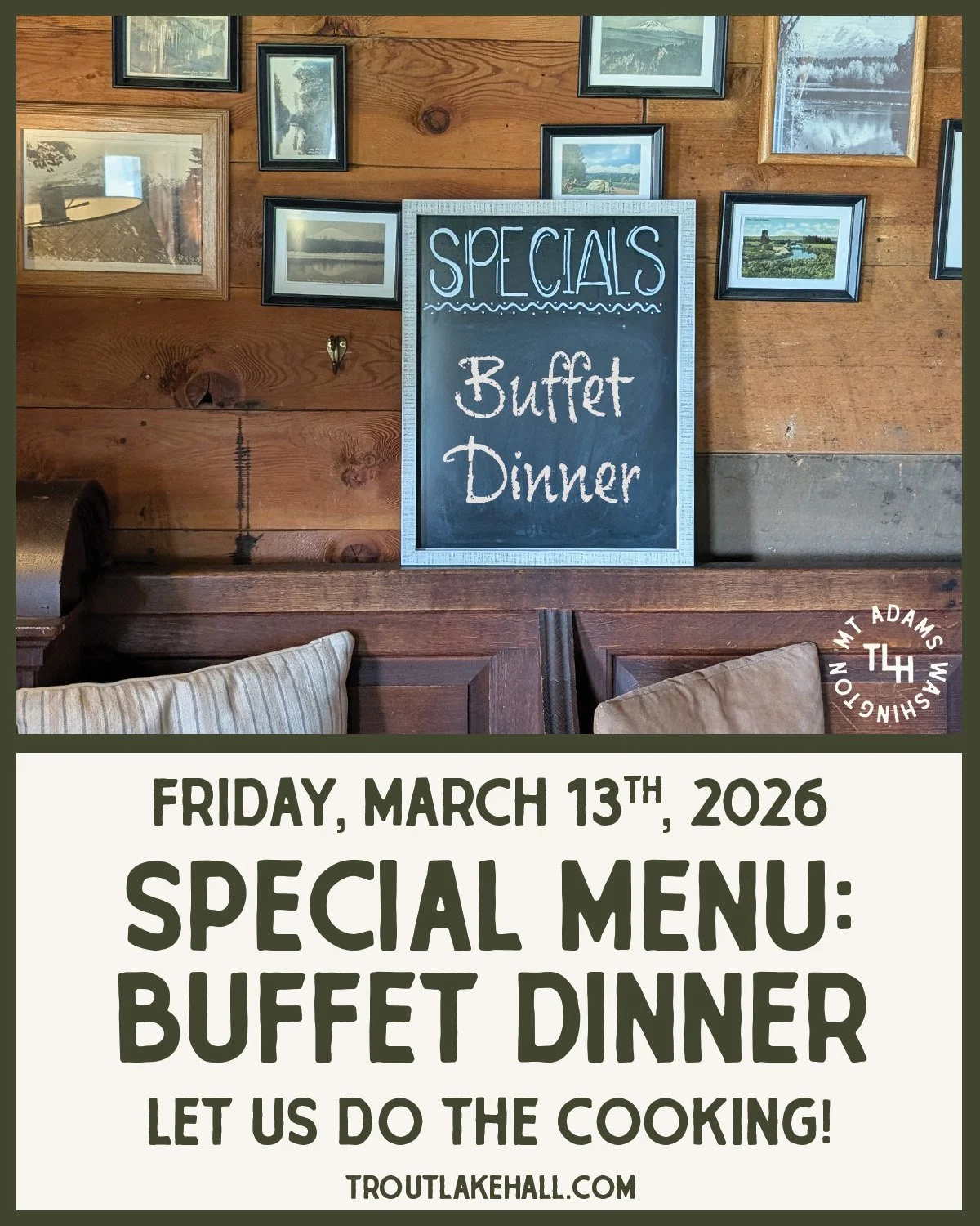 SPECIAL MENU: BUFFET DINNER

Curious what Trout Lake Hall offers for special event catering? Here&rsquo;s your chance to get a taste.

Join us for a one-night buffet dinner featuring a spread of favorites from our event menu. Come hungry and sample a