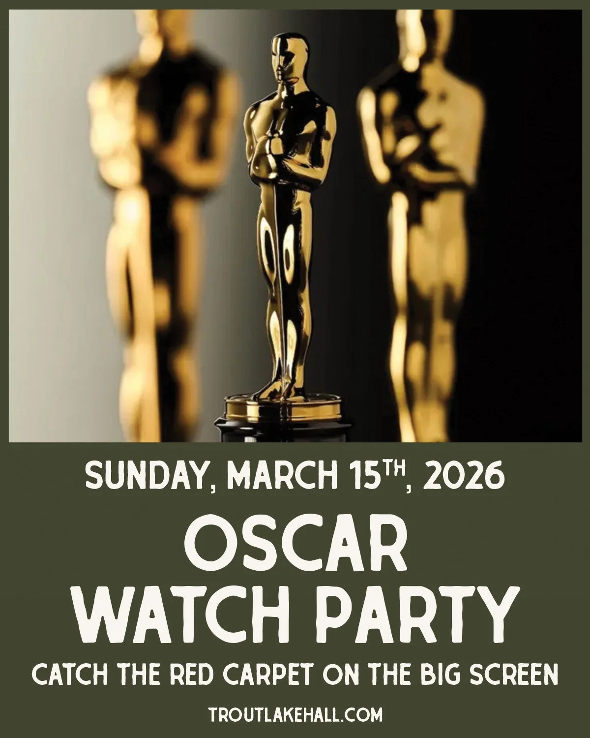 FREE! Oscar Watch Party 
Sunday, March 15th, 2026

Watch the 98th Annual Academy Awards on the big screen with us.

Screening starts at 4pm
FREE
All Ages

Red carpet moments. Big speeches. Surprise wins.
Catch it all in a room full of fellow film lov