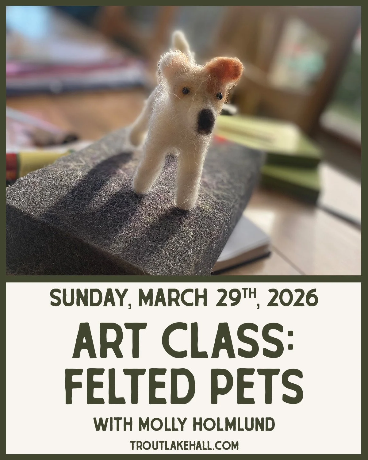 Tiny pets. Big charm. 🐾

Join artist Molly Holmlund and learn the art of needle felting as you create a miniature version of your pet or favorite animal. Wool, needles, and a little patience turn into something surprisingly lifelike.

No experience 