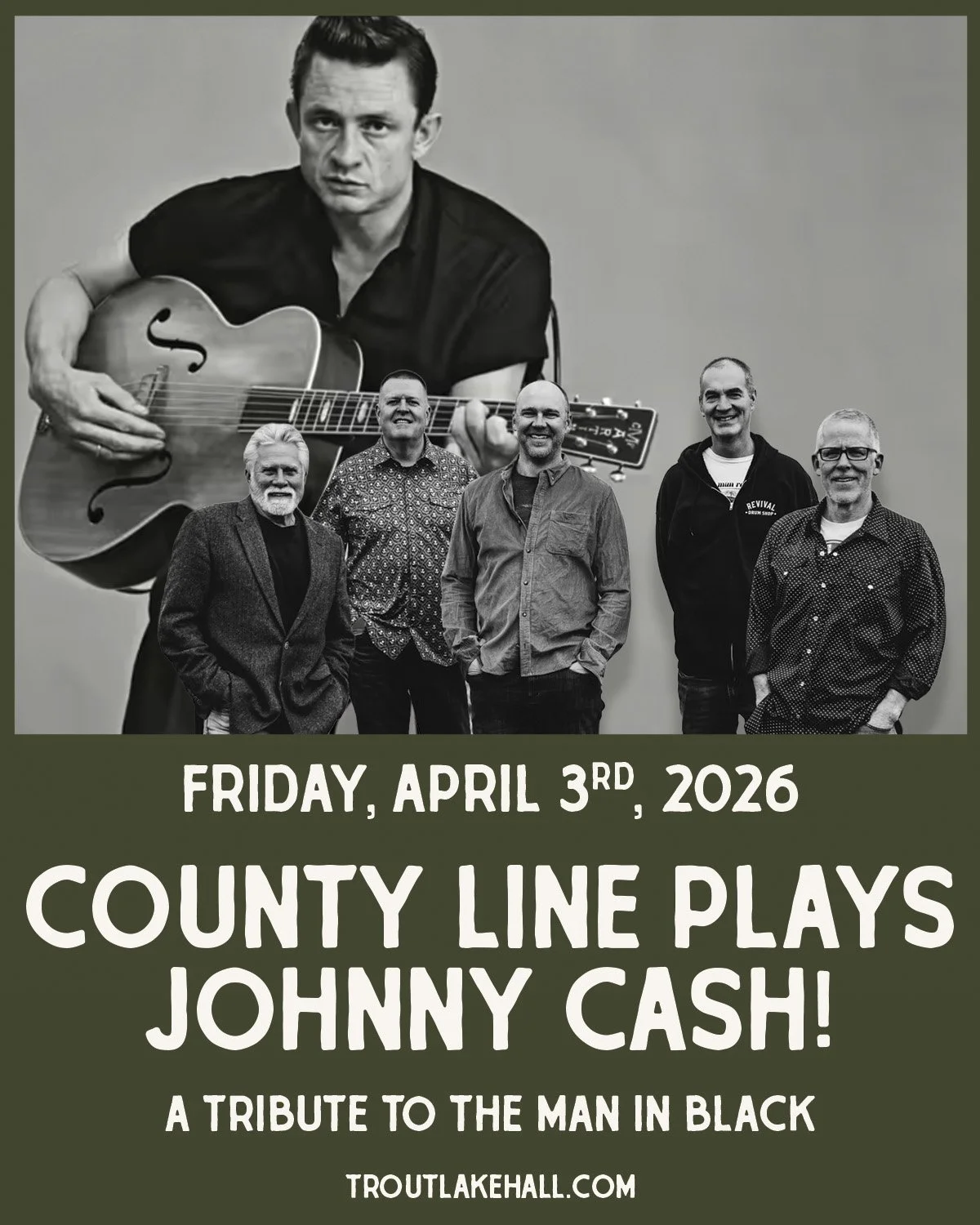 Black shirts. Boots on the floor. Cash songs all night.

Gorge favorites County Line bring the music of the Man in Black to the Hall. The deep cuts. The classics. The songs that make a room sing.

Expect fiery picking, harmony vocals, and a dance flo