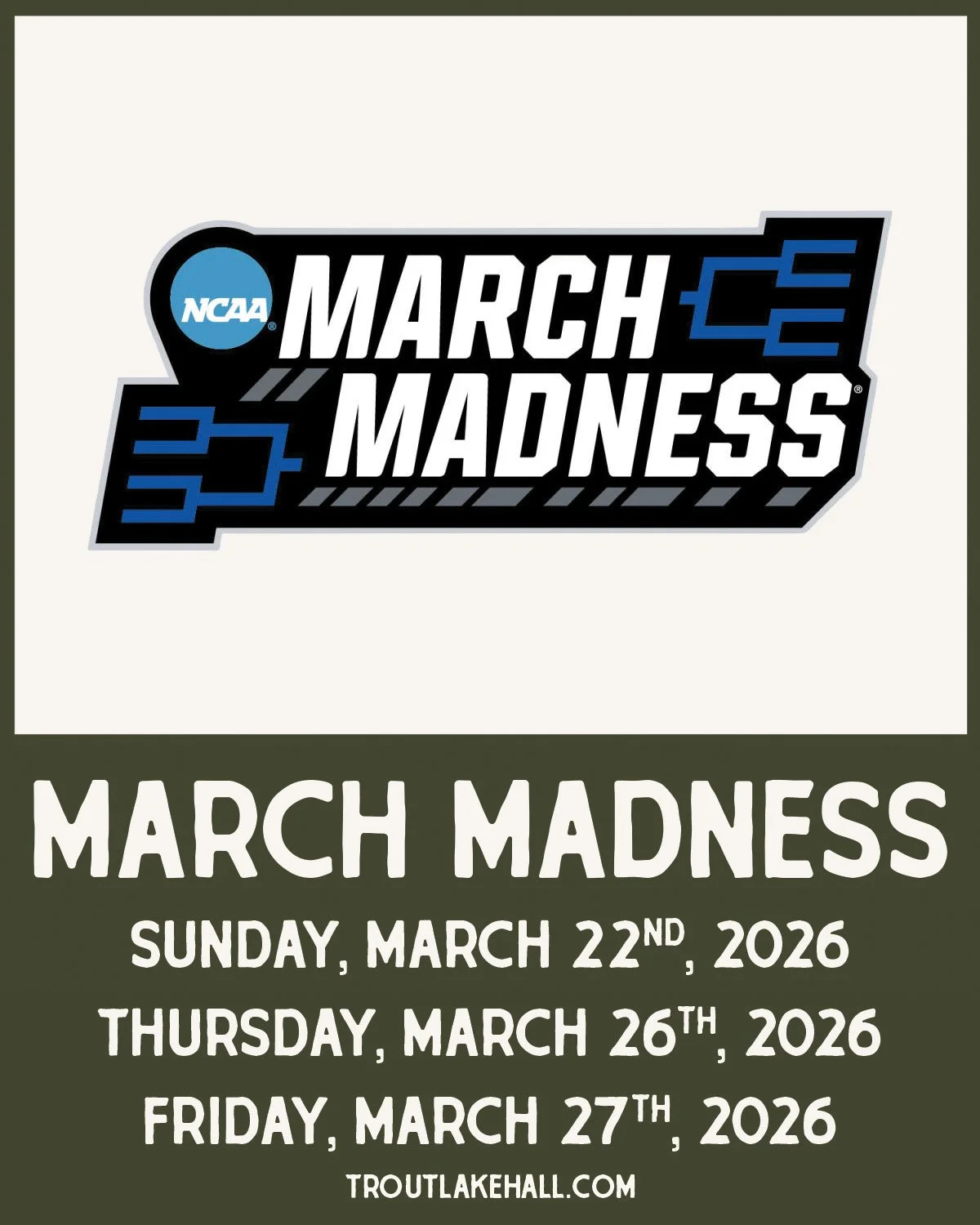 Tomorrow - More March Madness at the Hall

We&rsquo;ll have the games on the big screen for the next rounds of the tournament. Grab a drink, settle in, and catch the action with the community.

March Madness Sweet 16
Friday, March 27, 2026
Watch the 
