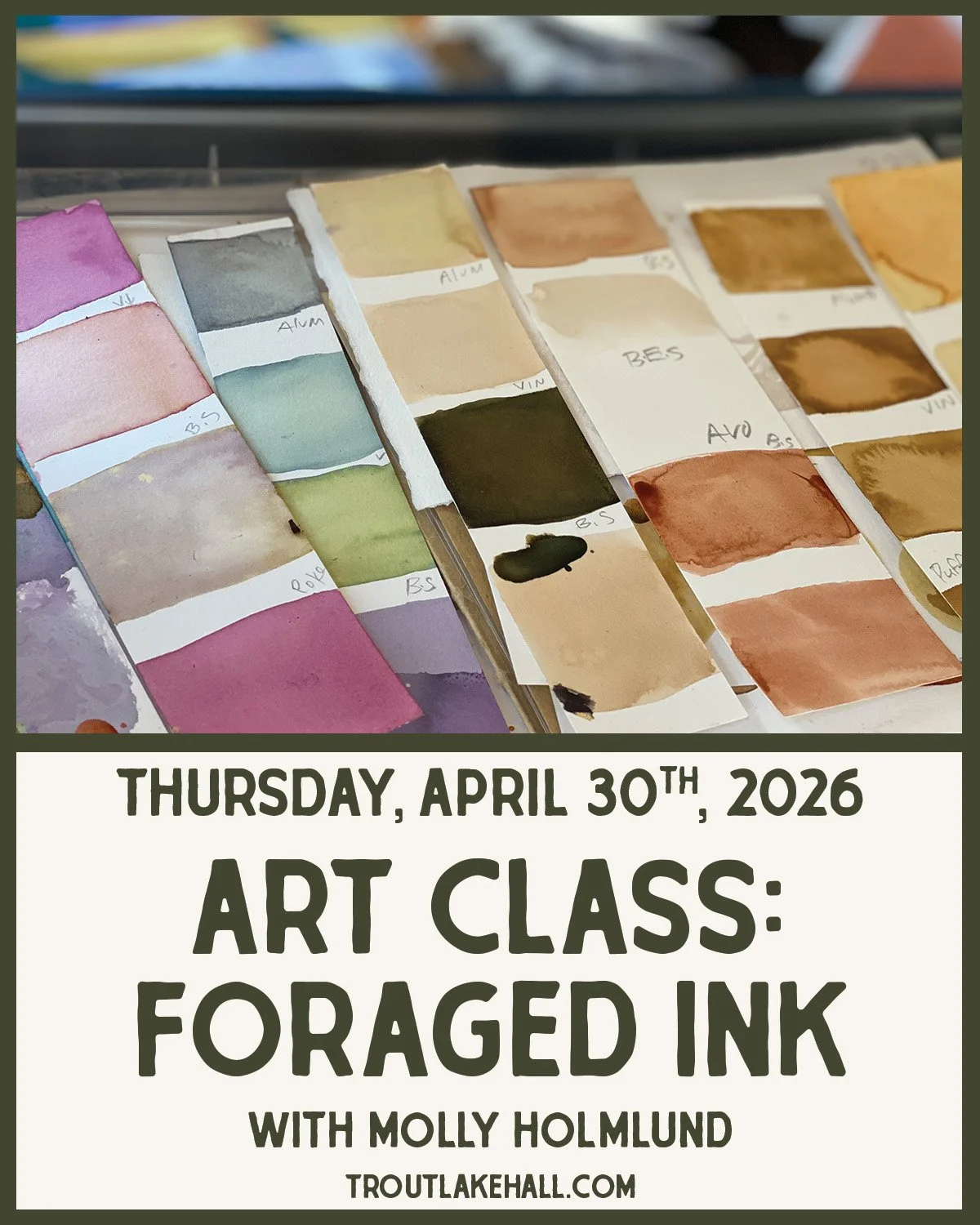 Art Class: Foraged Ink
with Molly Holmlund

Thursday, April 30, 2026
5:30pm&ndash;8pm
$65
Ages 12+
Limited Space

Turn plants, mushrooms, and minerals into color.

In this hands-on workshop, artist Molly Holmlund will guide participants through the p