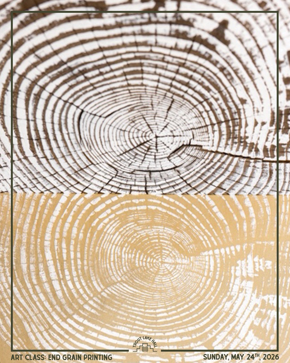 Art Class: End Grain Printing
with Lacey Spray

Sunday, May 24th, 2026
4pm&ndash;6:30pm
$65 &middot; Ages 18+
Limited Capacity

Fire, wood, and ink.

Learn a unique printmaking process using torched wood to reveal natural grain patterns and create on