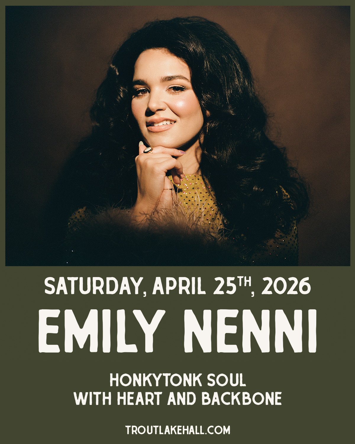 Next week: Emily Nenni w/ Rose Gerber at Trout Lake Hall | Saturday, April 25th, 2026

RIYL: Margo Price, Kelsey Waldon, Nikki Lane, Sierra Ferrell, Patsy Cline, Margo Cilker

On sale at TroutLakeHall.com

#TroutLakeHall #GoodTimes #LiveAnalog #Count