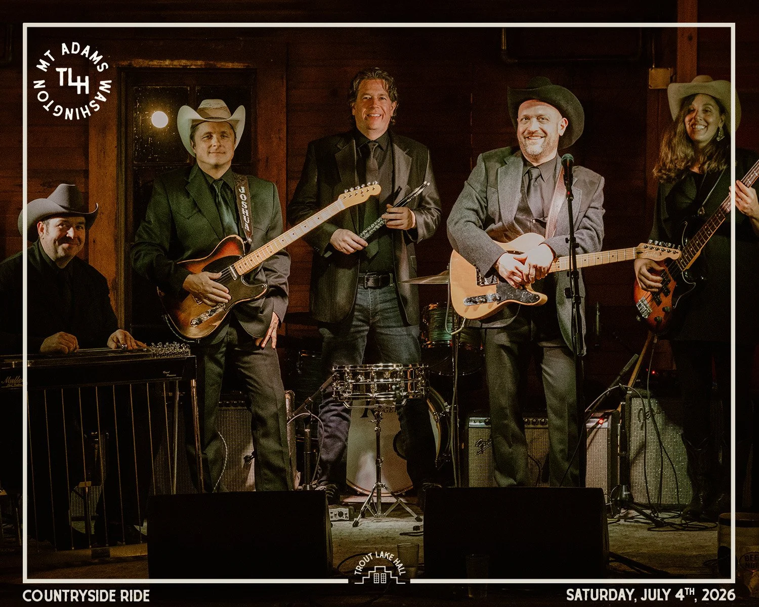 Countryside Ride

Honky tonk, straight up.

Telecaster twang, pedal steel, and a band that keeps the floor moving all night. Classic country done right.

For fans of: Buck Owens, Merle Haggard, George Jones

Saturday, July 4th, 2026
6pm Doors / 7pm S