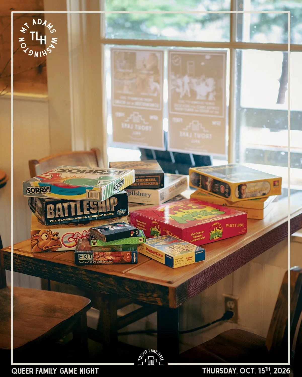 Good games. Good company. Good Times.

Queer Family Game Night is back at Trout Lake Hall on Thursday, October 15!

Come hang out, make some new friends, challenge somebody to a round of Mario Kart on the big screen, or settle in with a board game an
