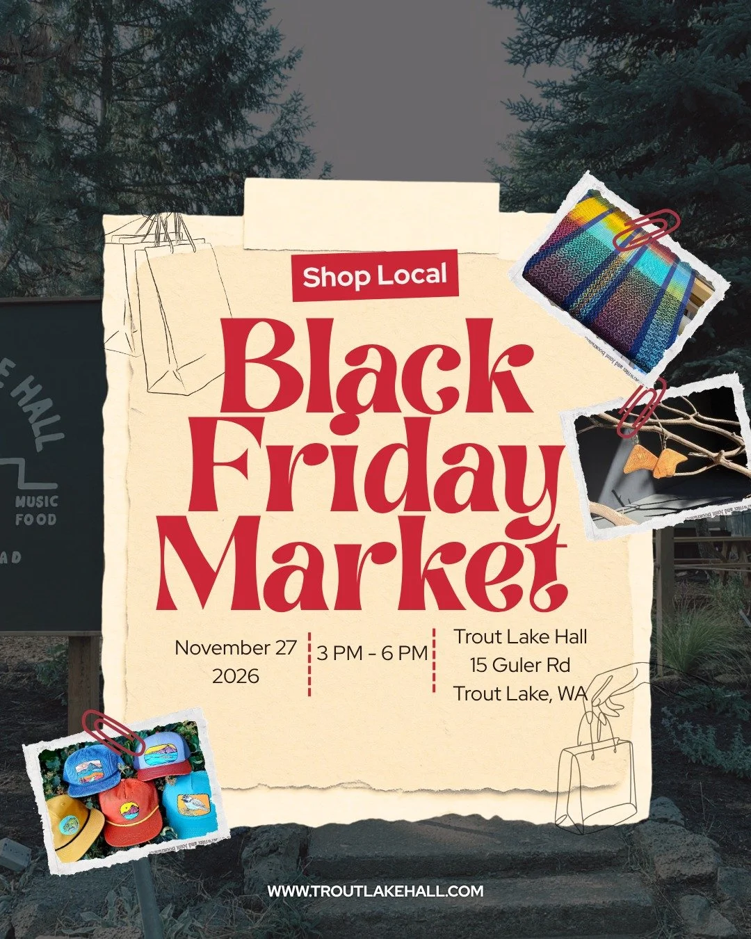 Skip the big-box stores. Shop small, shop local, and find something made with care.

Our Black Friday Market returns to Trout Lake Hall on Friday, November 27!

We'll be filling the Hall with makers and small businesses from around the Gorge, bringin