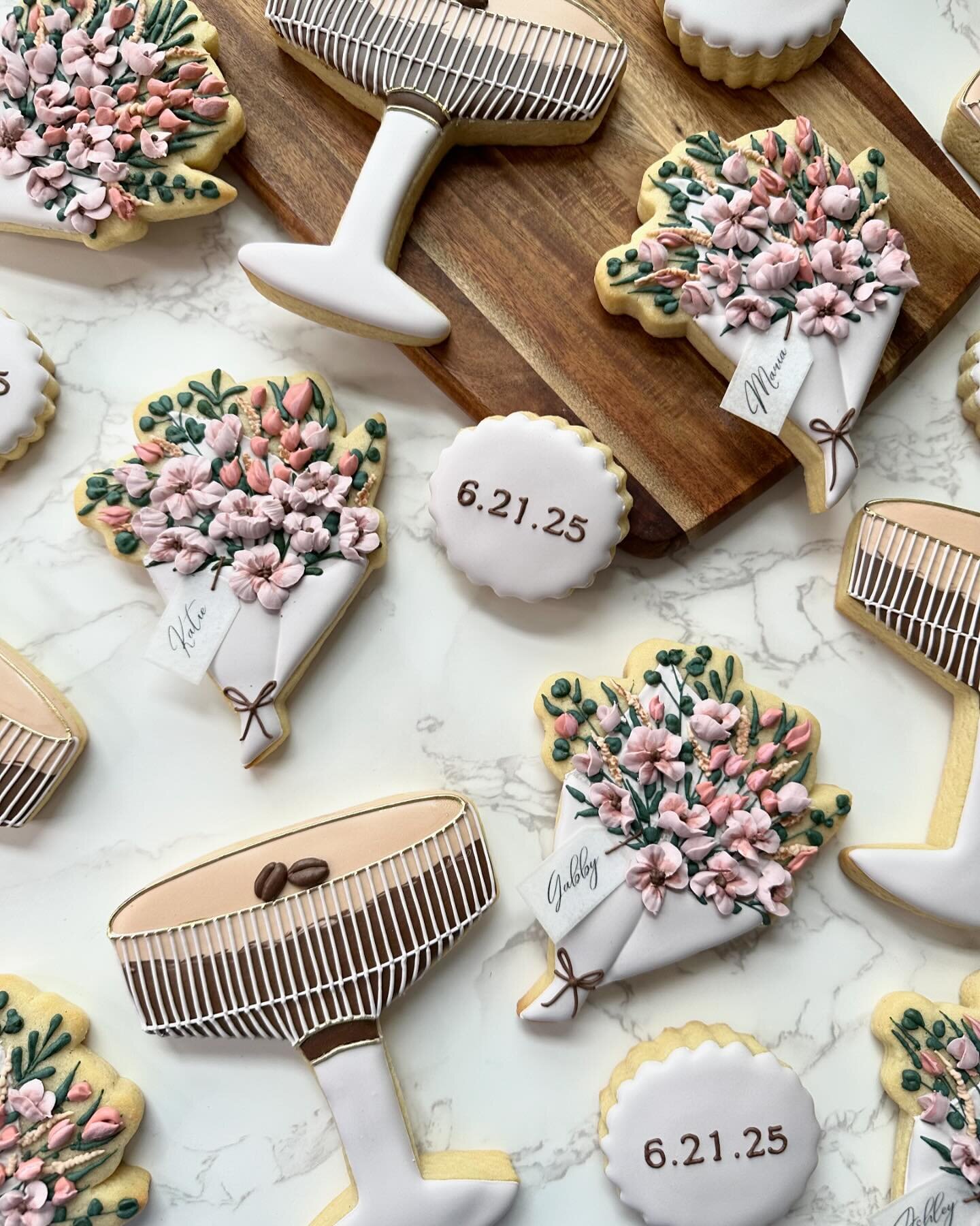 One of my OG and favorite clients, Jess, had the vision for espresso martini themed wedding party proposal cookies.

After looking at lots of inspo, we nailed down the idea of these three cookies. Originally, we planned to place florals on the date c
