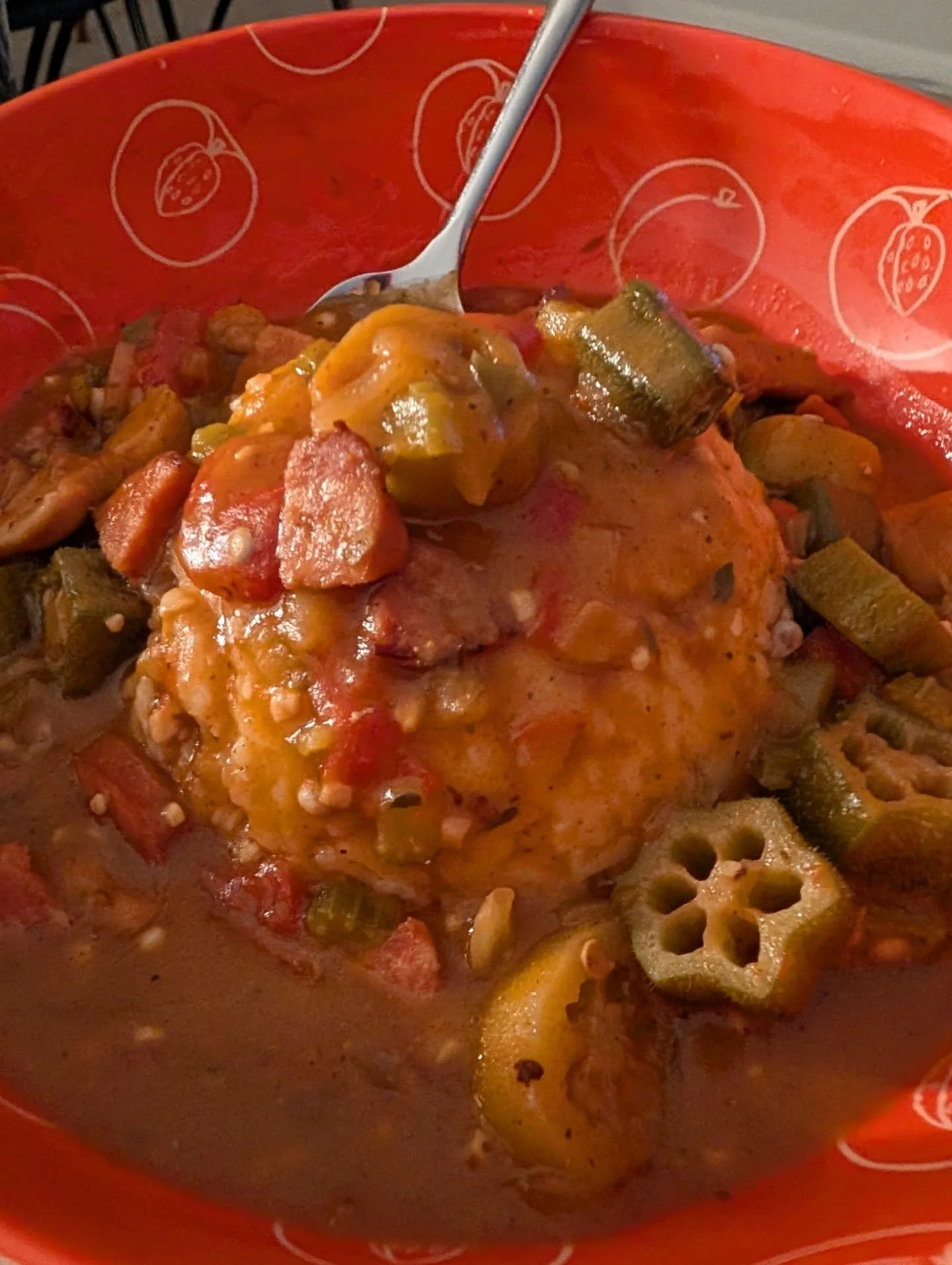 Chicken &amp; Andouille Gumbo for dinner using some of our own okra that we grew last summer. I always season it to a little spicier than I want because we serve it over rice, which takes some of the kick out of it.

This is how we typically meal pre
