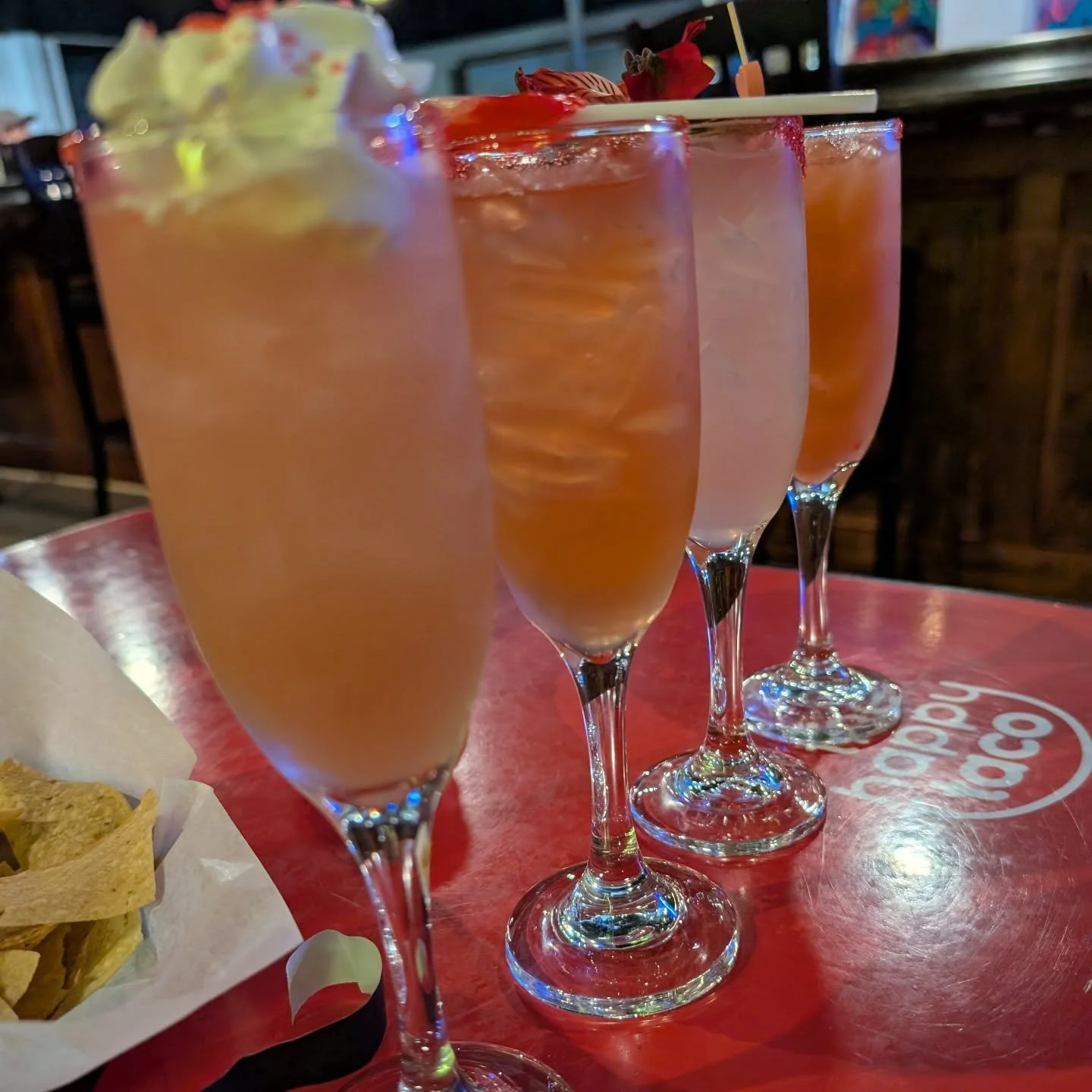 A flight of pink valentine-themed margaritas from @the_happy_taco_ga 

I honestly could not tell you what the flavors were. Pink and sweet. 🤷🏼&zwj;♀️

We are trying to make sure we visit every restaurant that is closest to our house because one of 