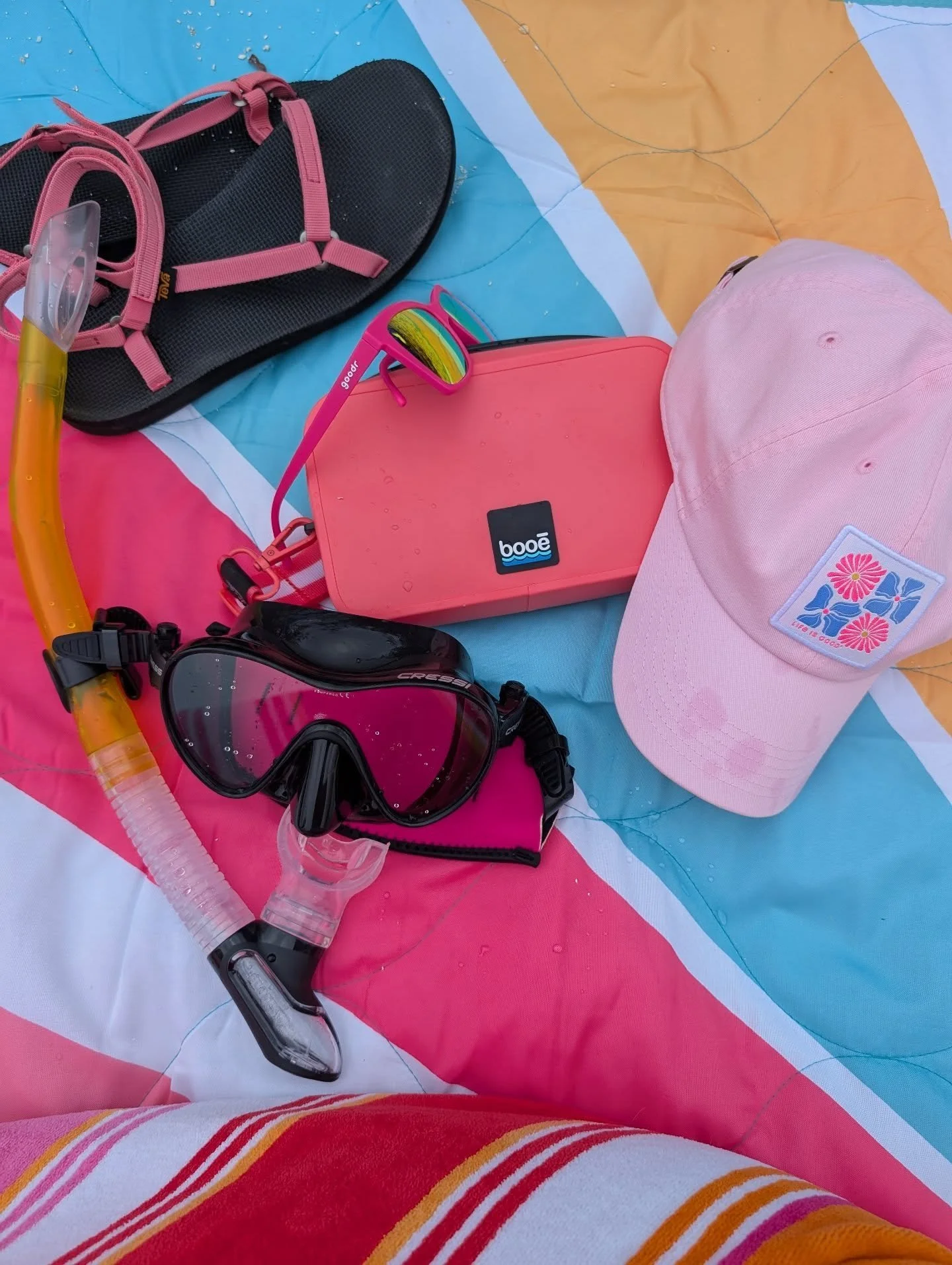 Some might say I have favorite colors...

@lifeisgoodco 
@booebags 
@teva 
@cressi1946
@goodr

I'm pretty sure the towel and blanket came from Costco a few years back. And, believe me, I did try to get the pink snorkel mask, but they were backordered