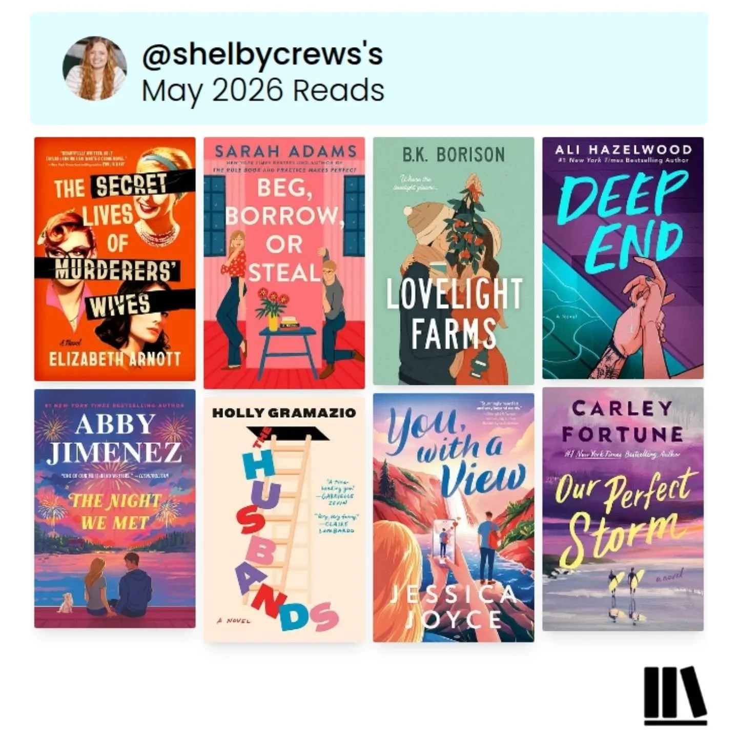 May reads. 8 books.

Loved them all enough to rate them highly.

Two not romance -- 
The Secret Lives of Murderers' Wives was so enjoyable. Murder mystery solved by women who were bamboozled by their own husbands. Excellent.

The Husbands was a premi