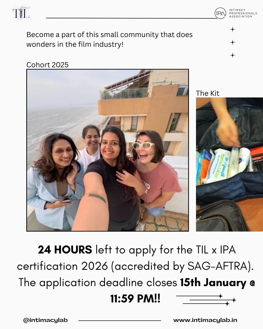 ONLY 24 HOURS LEFT TO APPLY to the TIL x IPA cohort of 2026! Accredited by SAG-AFTRA. 

Become a certified intimacy professional and join this community of fun people. ❤️

Link in bio or hit our DMs for further queries. 

#intimacycoordinator #intima