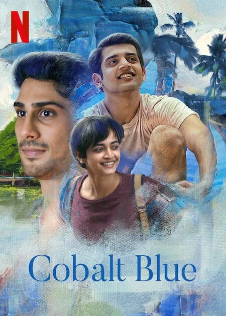Promotional poster for the Netflix series "Cobalt Blue" featuring three smiling young adults against a tropical backdrop with palm trees and rocks.