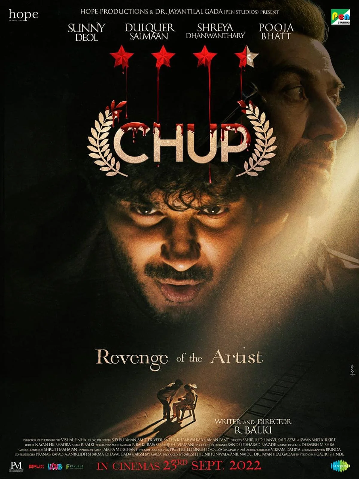 Movie poster for the film 'Chup: Revenge of the Artist' showing a dark background with a serious-looking man’s face on the right and a smaller scene at the bottom with two people, one sitting and one bending over, under the title 'Chup' with blood-like drips and stars above.
