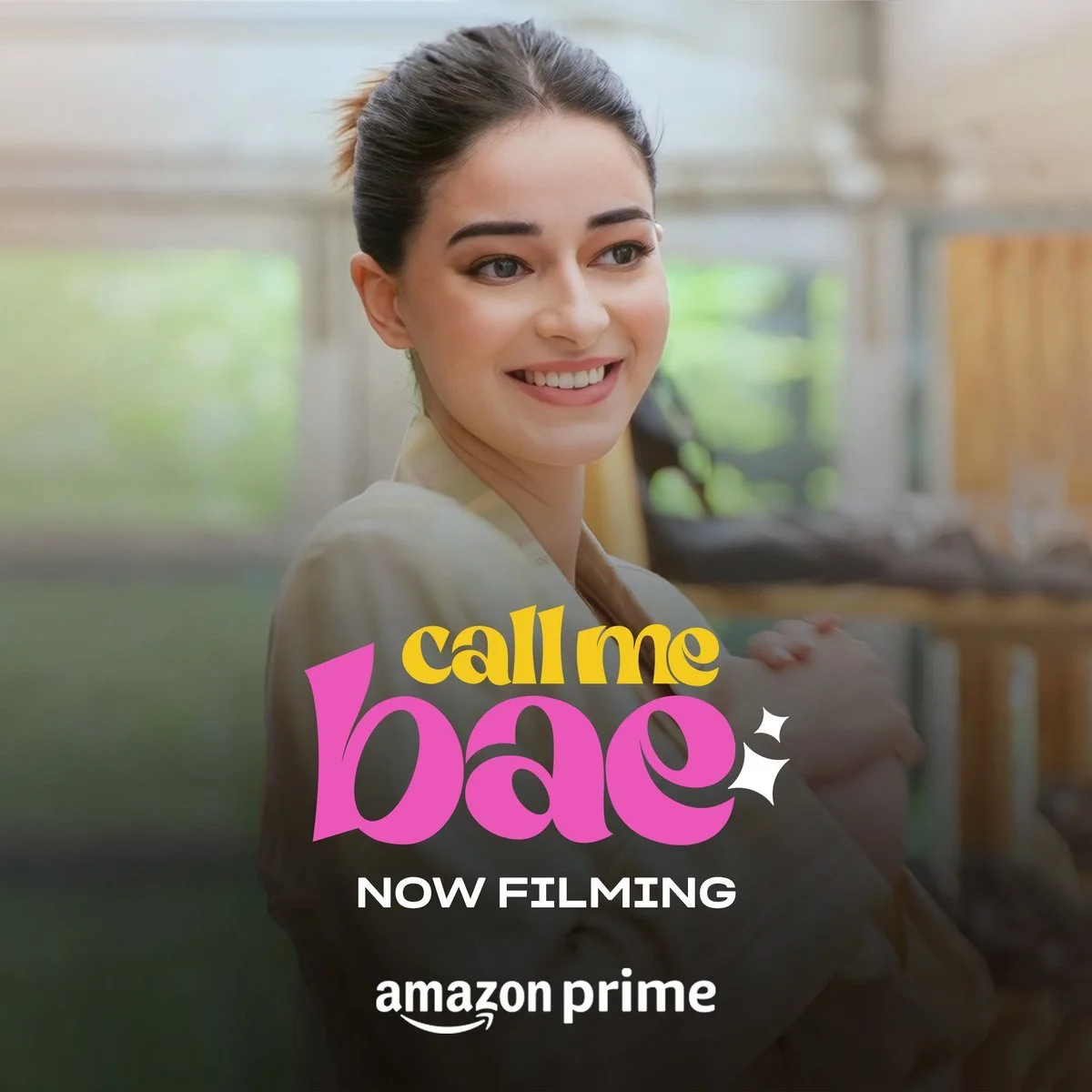 A young woman smiling, with text overlay advertising the show 'Call Me Baeo,' now filming on Amazon Prime.