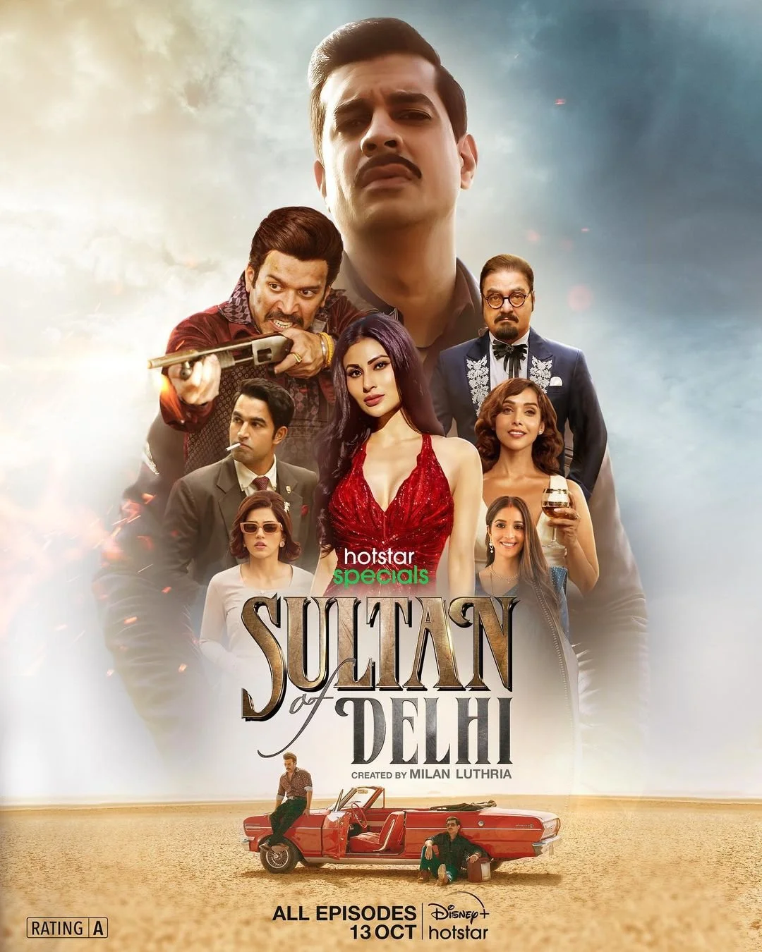 Poster for the series 'Sultan of Delhi' showing multiple characters, some dressed in formal attire, with a man pointing a gun, a woman in a red dress, and two men sitting near a red car in a desert landscape.