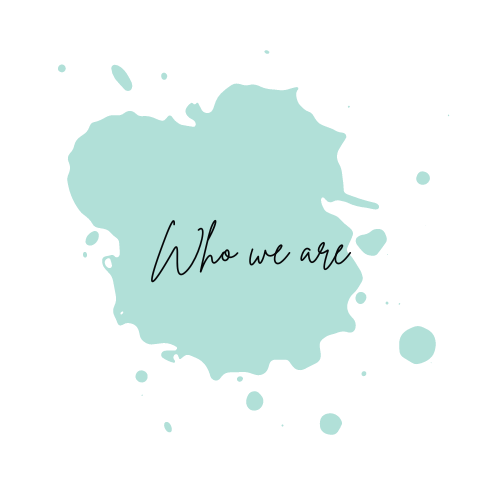 A light blue paint splash with the words 'Who we are' written in cursive in the center.