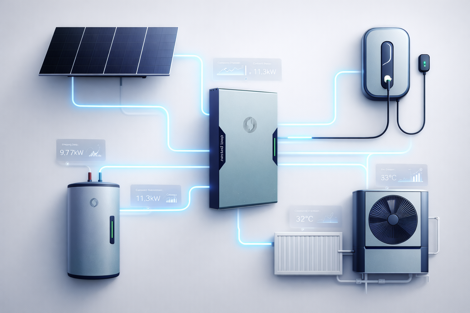 Diagram of a nested loop ecosystem with solar panels, a battery, a power inverter, a central control unit, and heating and cooling units connected by the nested loop home energy management system and glowing blue lines.
