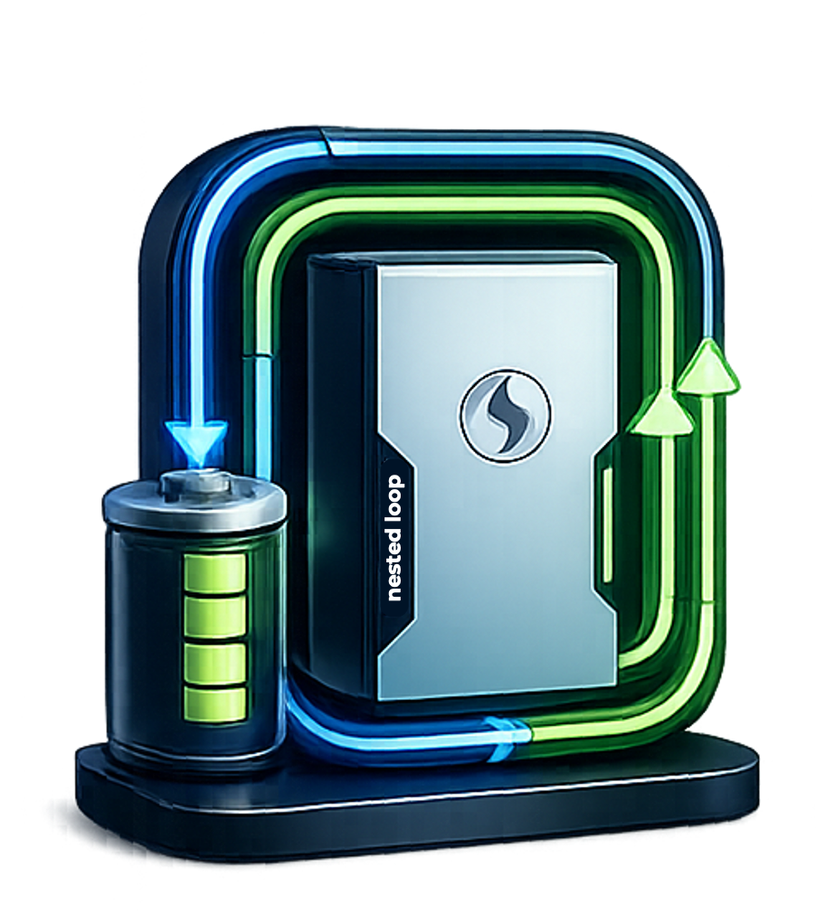 Illustration of a metallic safe with a logo, connected to a large battery symbol, and surrounded by colorful neon lines indicating a circuit or connection.