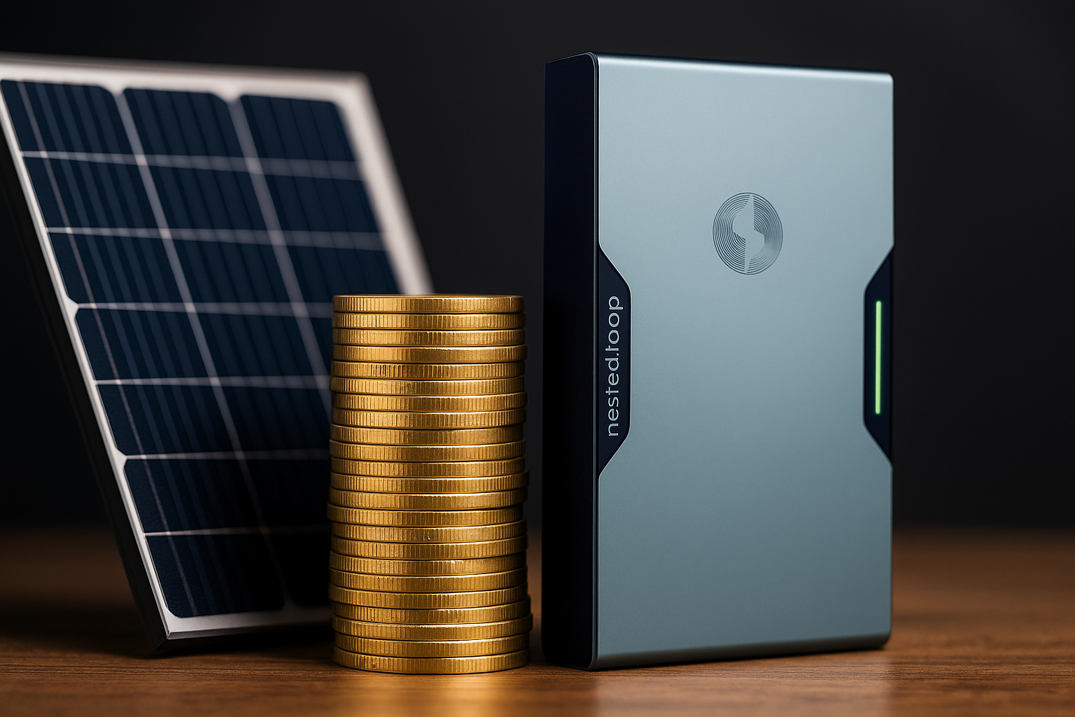 A solar panel, a stack of gold coins, and an electric vehicle charging station on a wooden surface.