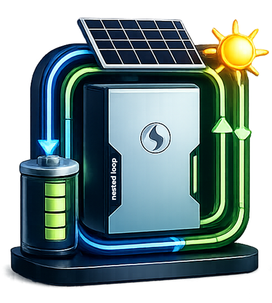 Diagram of a solar-powered energy system with a solar panel on top, a battery with four green bars, and a central device labeled 'nested app'. Sun icons and arrows indicate energy flow in the system.