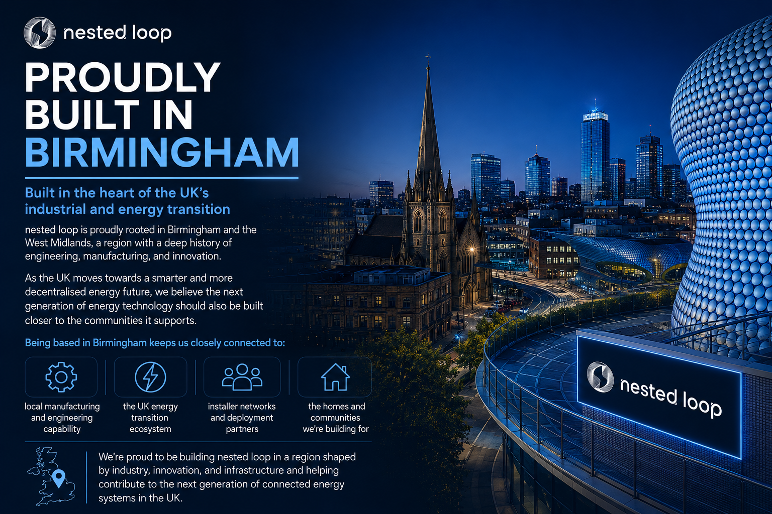 Nighttime cityscape of Birmingham, UK, featuring modern skyscrapers, a historic church, and an illuminated sign for nested loop, with the city skyline in the background.
