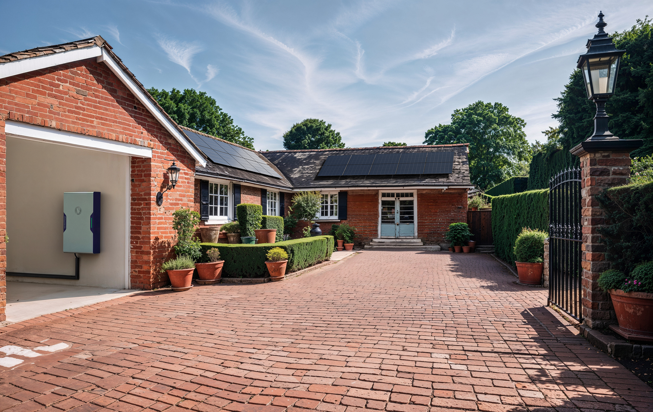 Red brick house with solar panels on the roof, surrounded by potted plants and greenery, under a blue sky with wispy clouds.