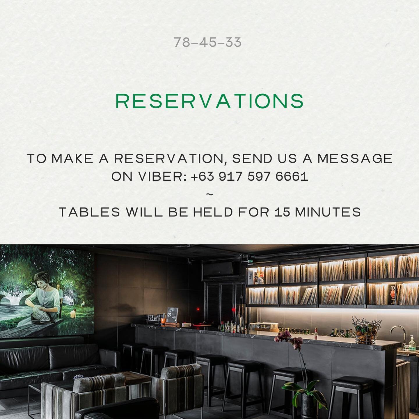 To make a reservation, send us a message on Viber: +63 917 597 6661. Tables will be held for 15 minutes.