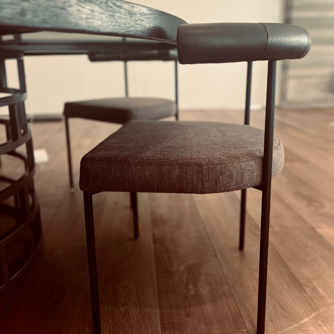 These stunners have been on our wish list for some time, so it was a delight to specify and install these in our client's home this week. We paired Italian Pavoni leather for the back rest with an ultra durable upholstered seat for no-stress dining. 