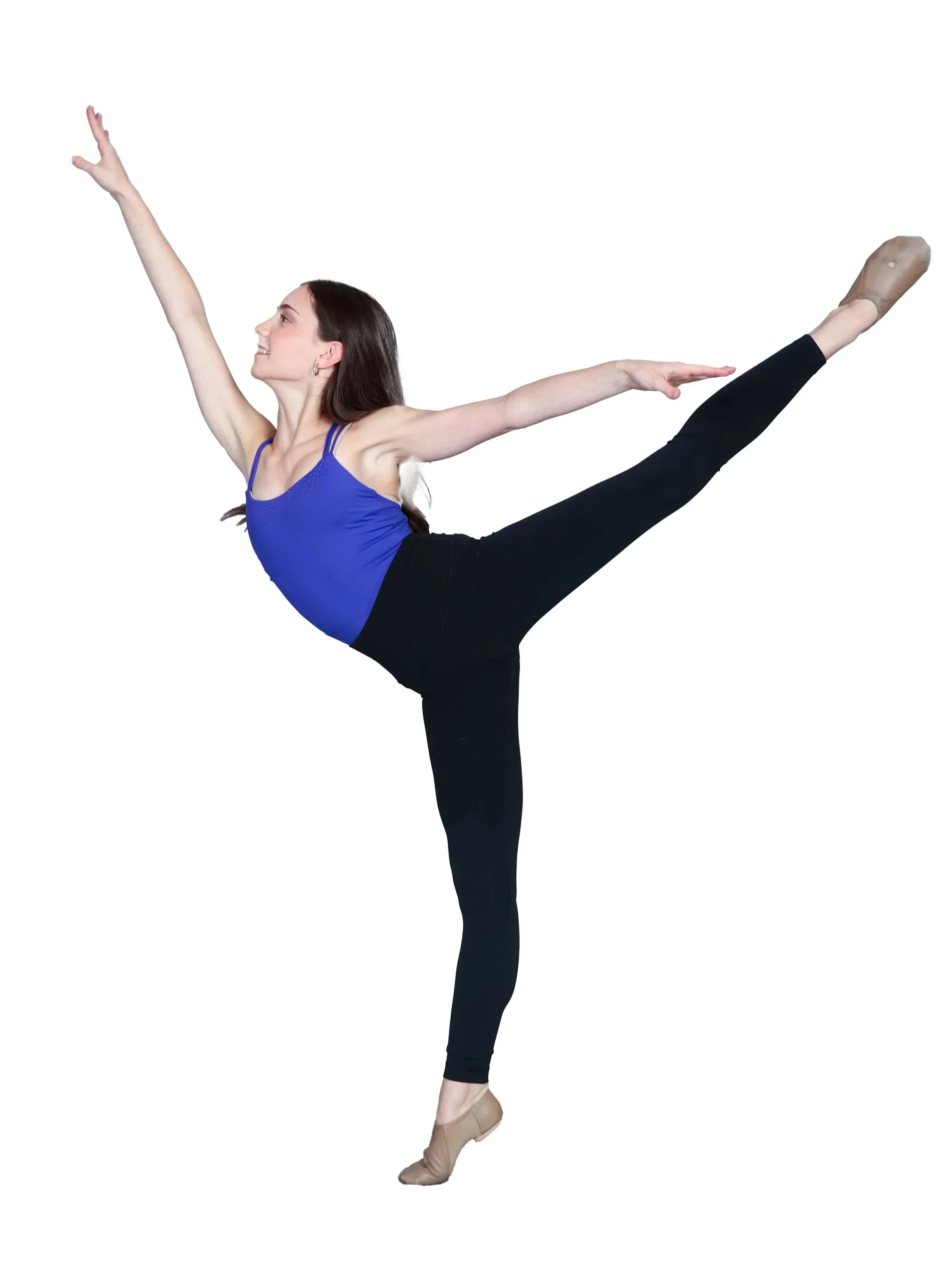 A woman in a dancer's leotard extending her leg behind her