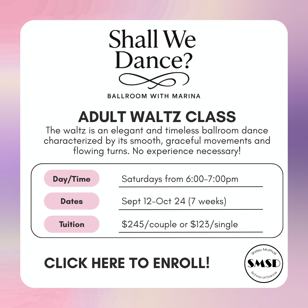 adult ballroom waltz class 7 week series. The waltz is an elegant and timeless dance with smooth graceful movements and flowing turns. No experience necessary! Saturdays from 6:00-7:00pm. classes start on september 12.