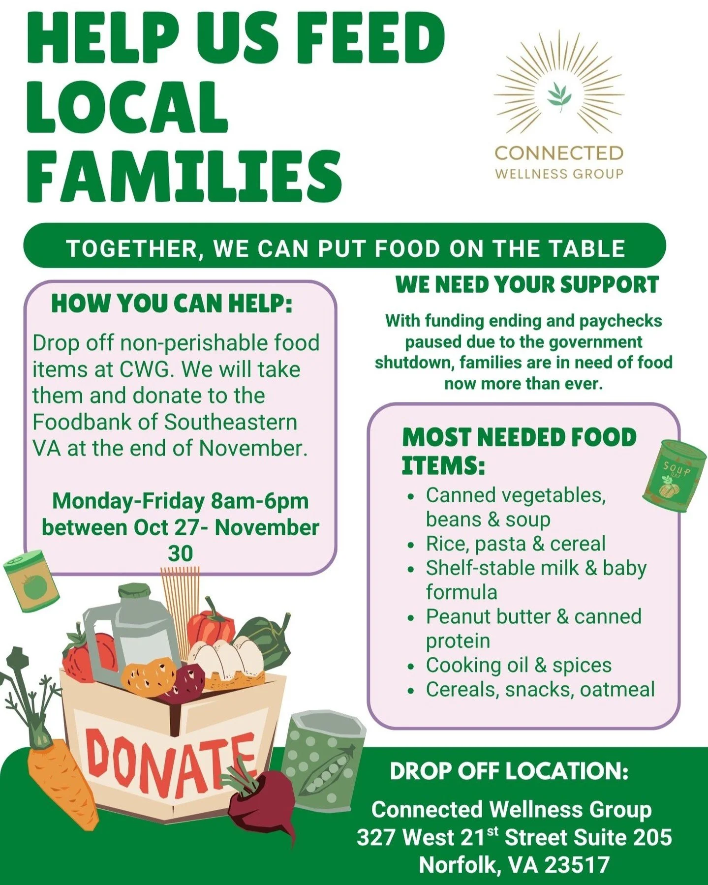 With funding and paychecks paused due to the government shutdown, our neighbors are at greater risk of going hungry this fall. We are partnering with the Foodbank of Southeastern VA to gather non-perishable food items for donation in November. If you