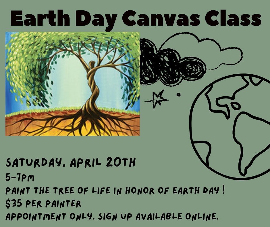 Sign up for our Earth Day canvas class! We still have seating available!! 🌎🌱

Saturday, April 20th from 5-7pm! 

| family friendly art studio in Dawsonville, GA
| pottery,canvas, other arts and crafts 
| open Tue-Sat 12-7
| (706) 265-2738
| 31 Jack