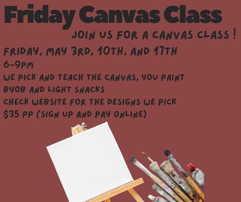 Sign up for one of our Friday canvases classes for May!! 

| family friendly art studio in Dawsonville, GA
| pottery,canvas, other arts and crafts 
| open Tue-Sat 12-7
| (706) 265-2738
| 31 Jack Heard Drive, Dawsonville, GA 30534
-
#pottery #potteryp