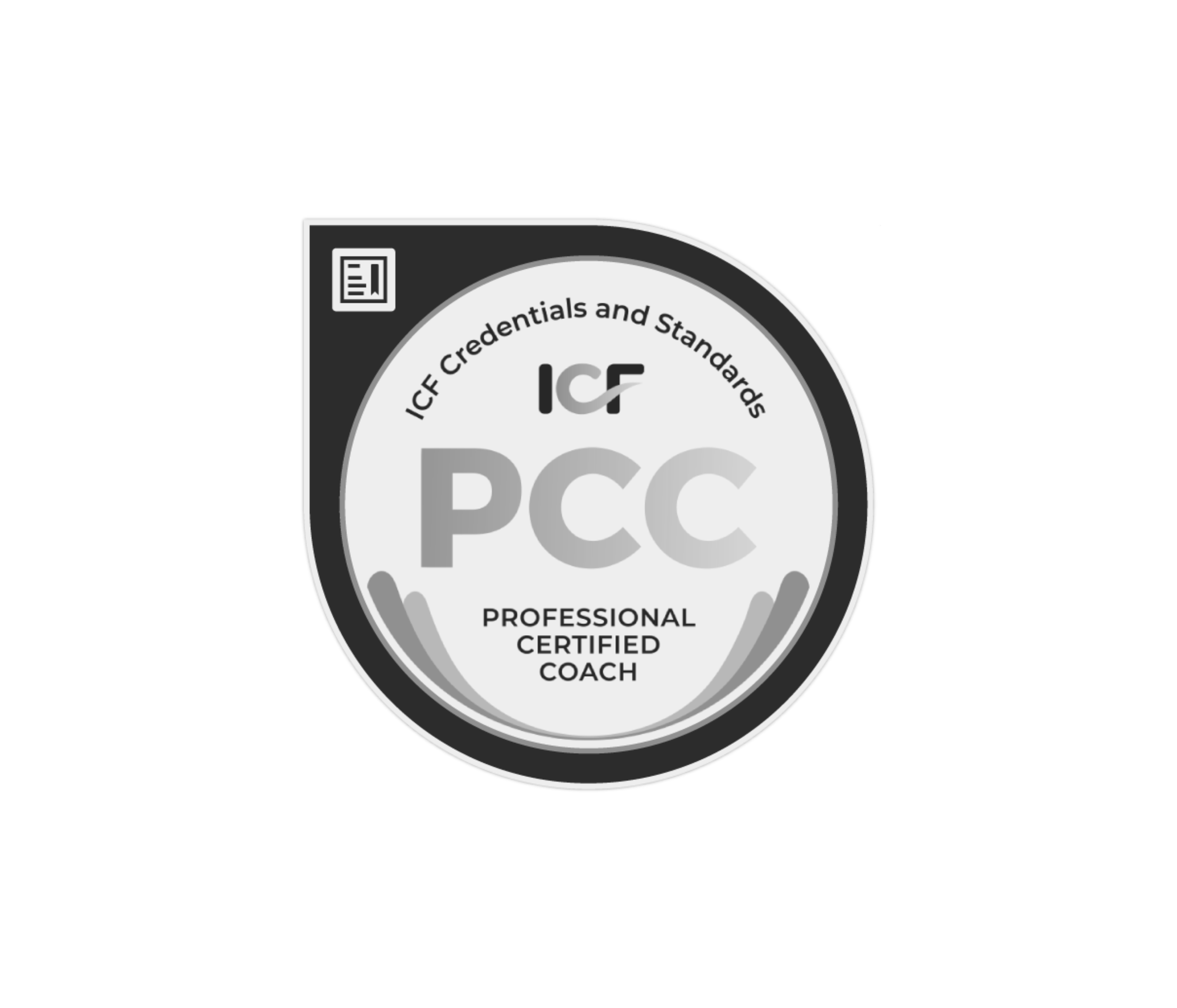 Certification badge for ICF PCC Professional Certified Coach, indicating adherence to ICF Credentials and Standards.