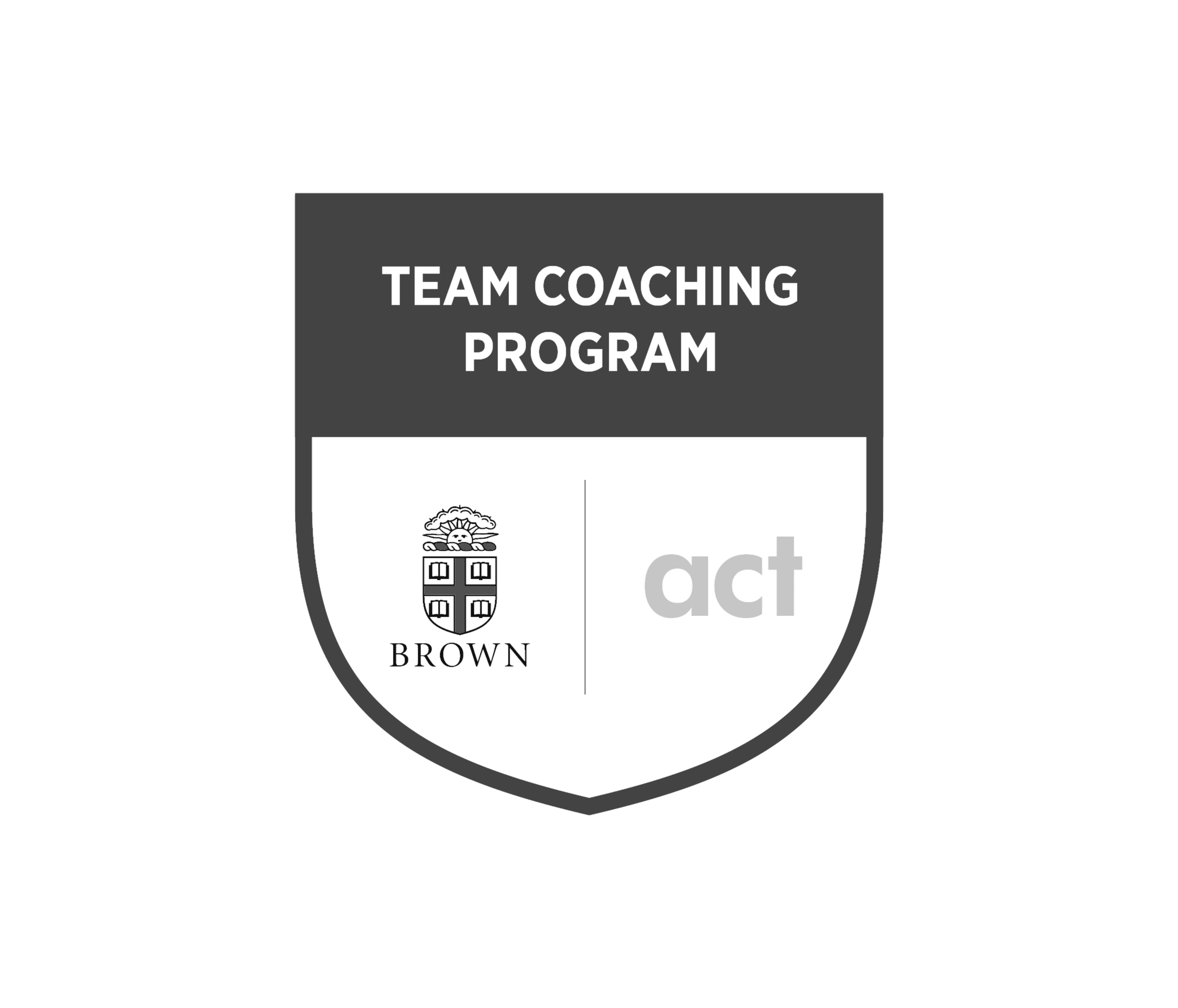 Black and gray emblem with text 'Team Coaching Program,' a logo with a shield and tree, and the words 'Brown' and 'act'.